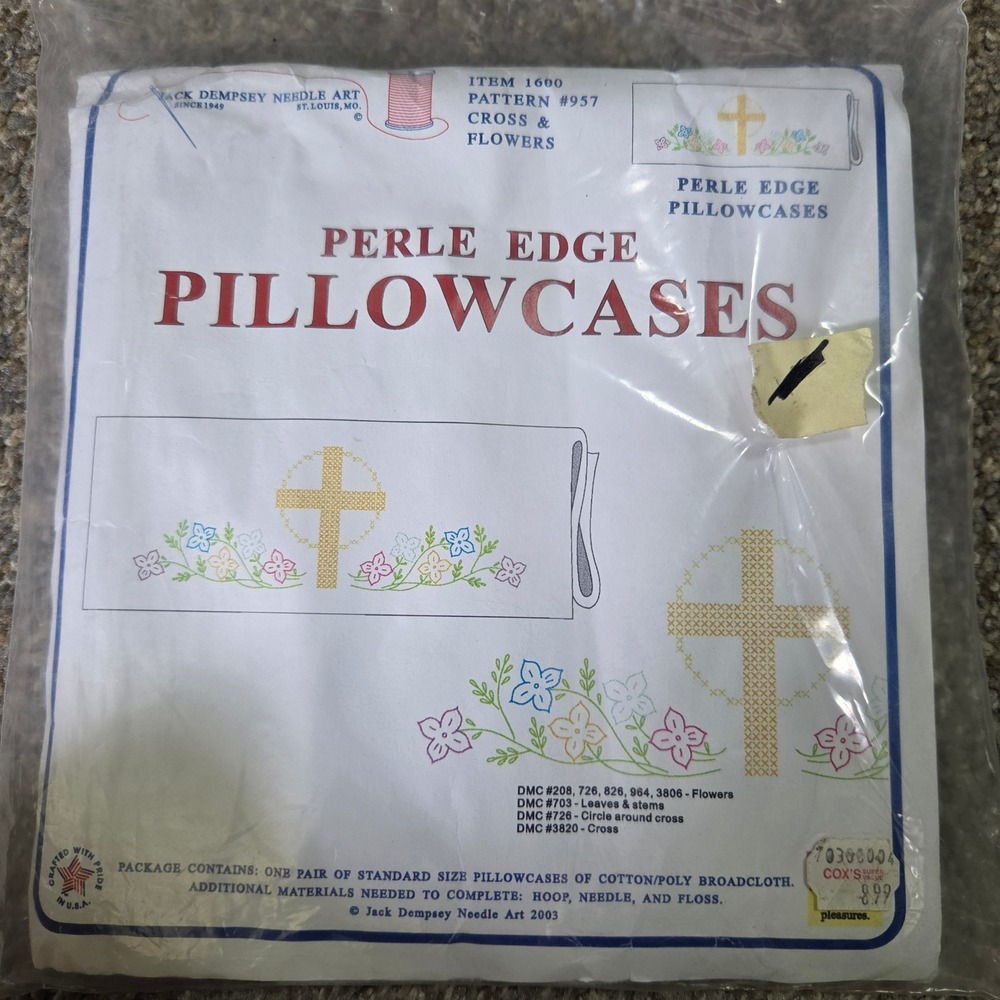 Jack Dempsey Needle Art Cross & Flowers Perle Edge Pillowcases Pattern 957 Kit
